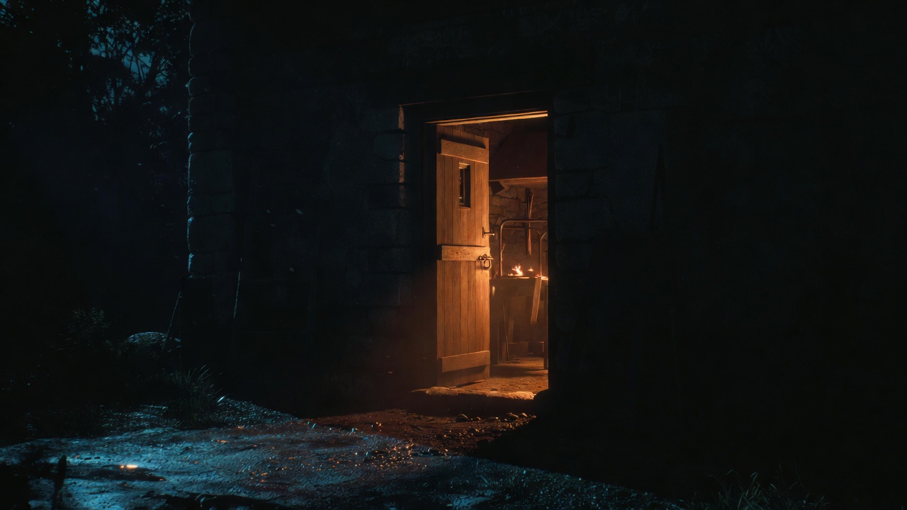 A workshop door stands open at night, warm amber light spilling outward from the forge within.