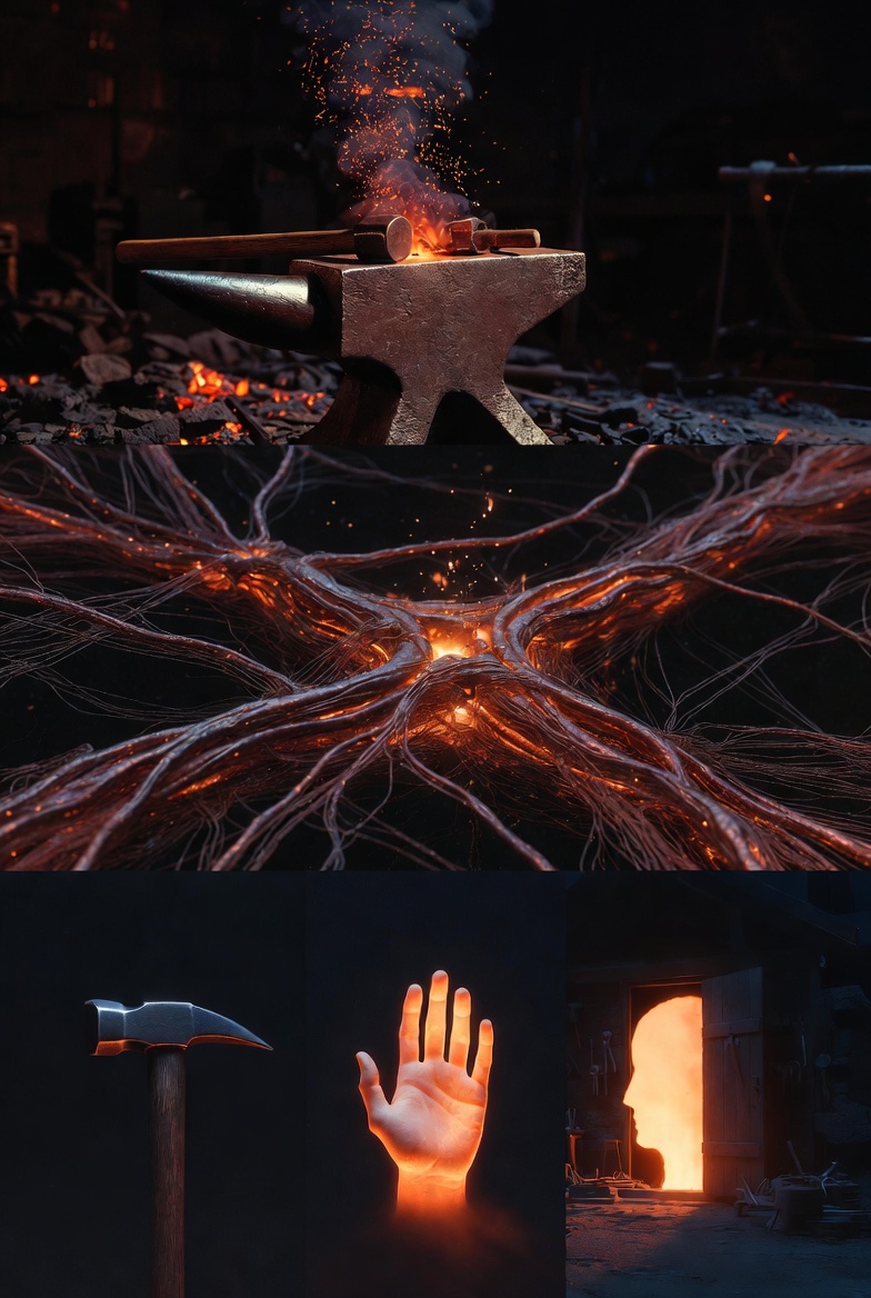 A dark forge at night — an anvil glowing with heat, neural pathways branching upward like molten iron, a hammer, an open hand, and a luminous mind.
