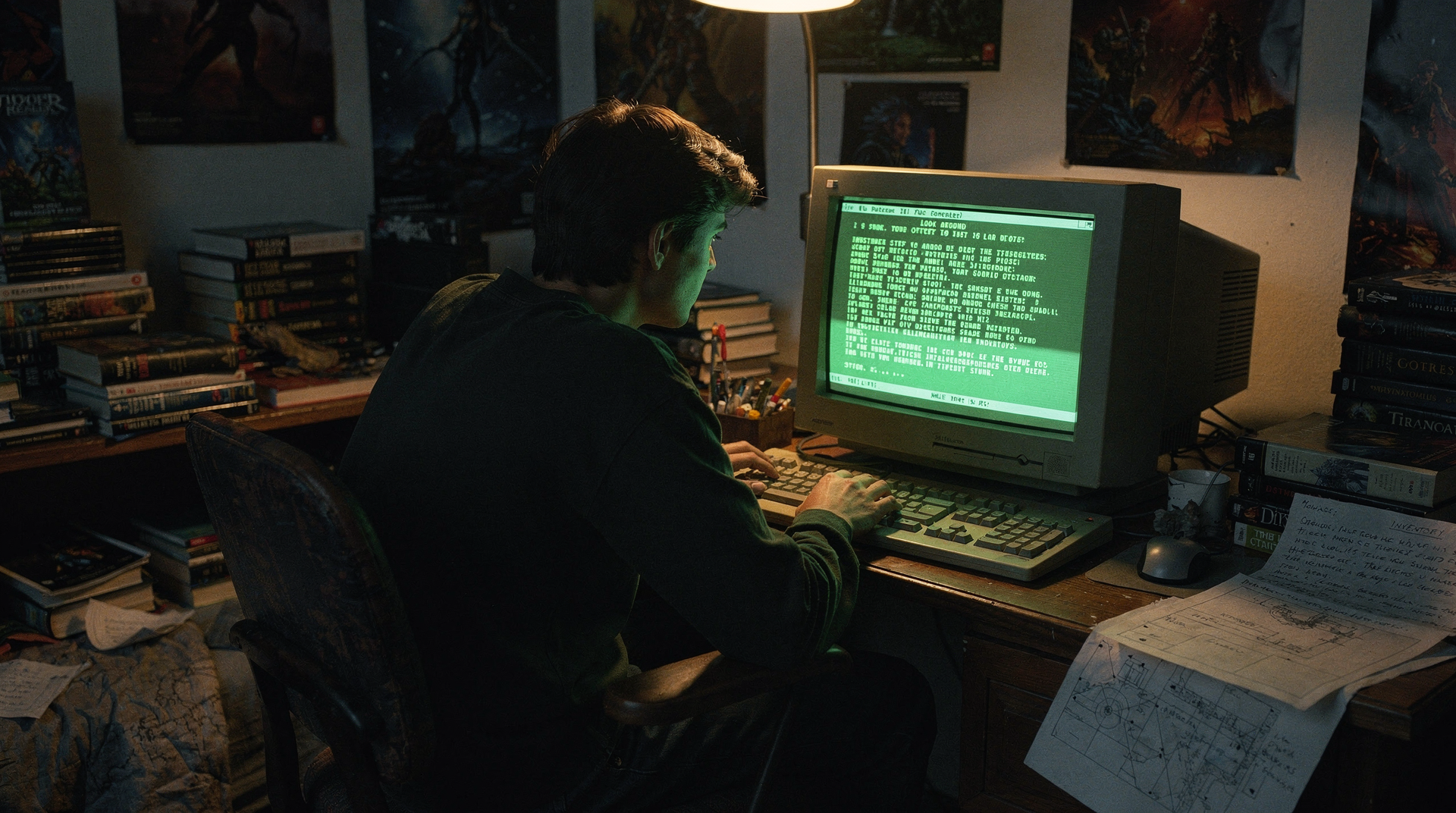 A teenager at a desk in a dark room, illuminated by the green glow of a CRT monitor, books stacked everywhere
