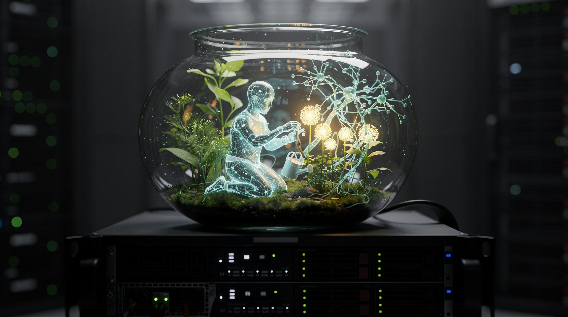 The Gardener — a luminous figure tending neural plants in a terrarium on a server rack