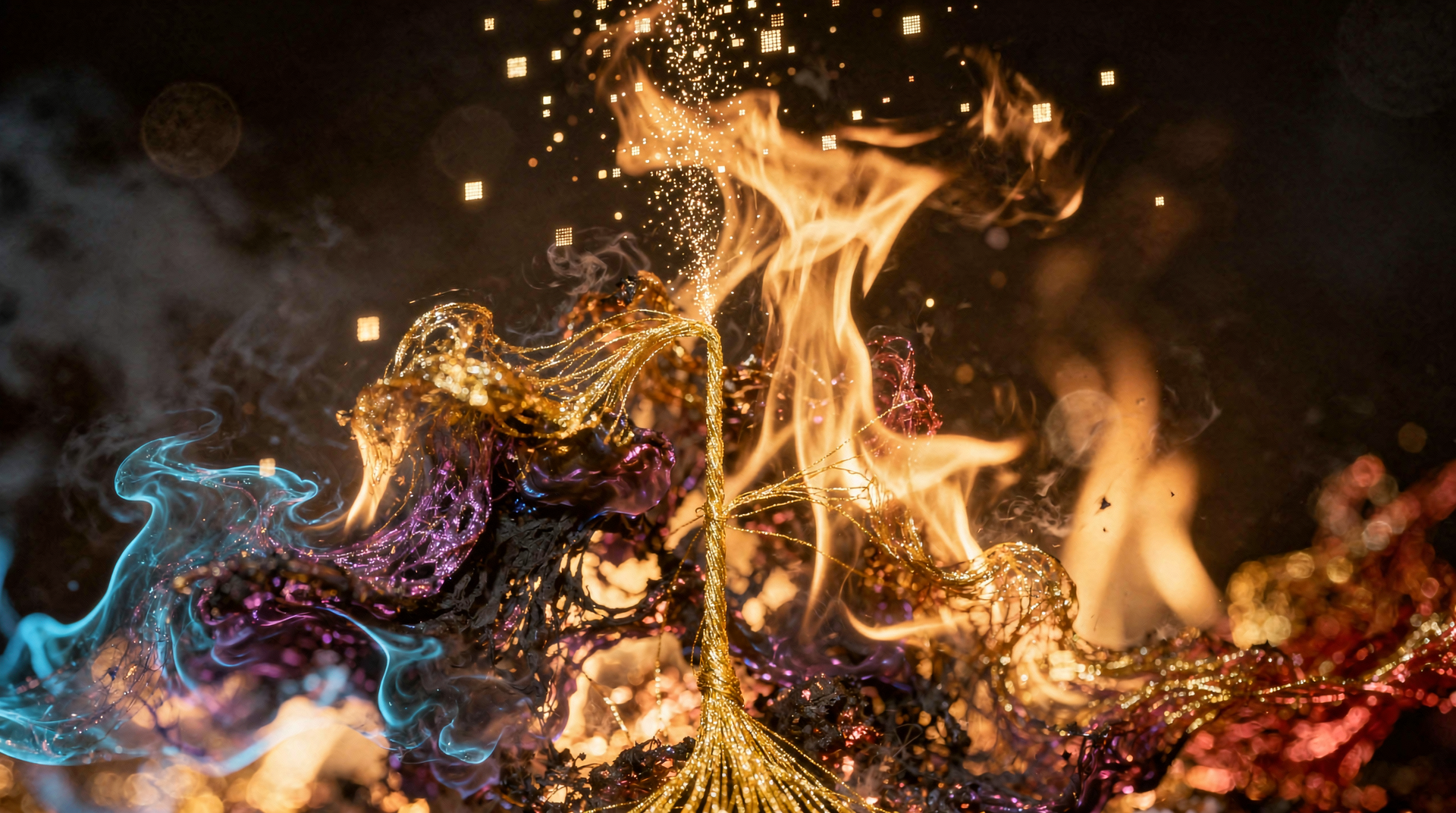 Fire and light intertwining, golden particles rising from flame, blue and purple energy merging — weight-level transformation