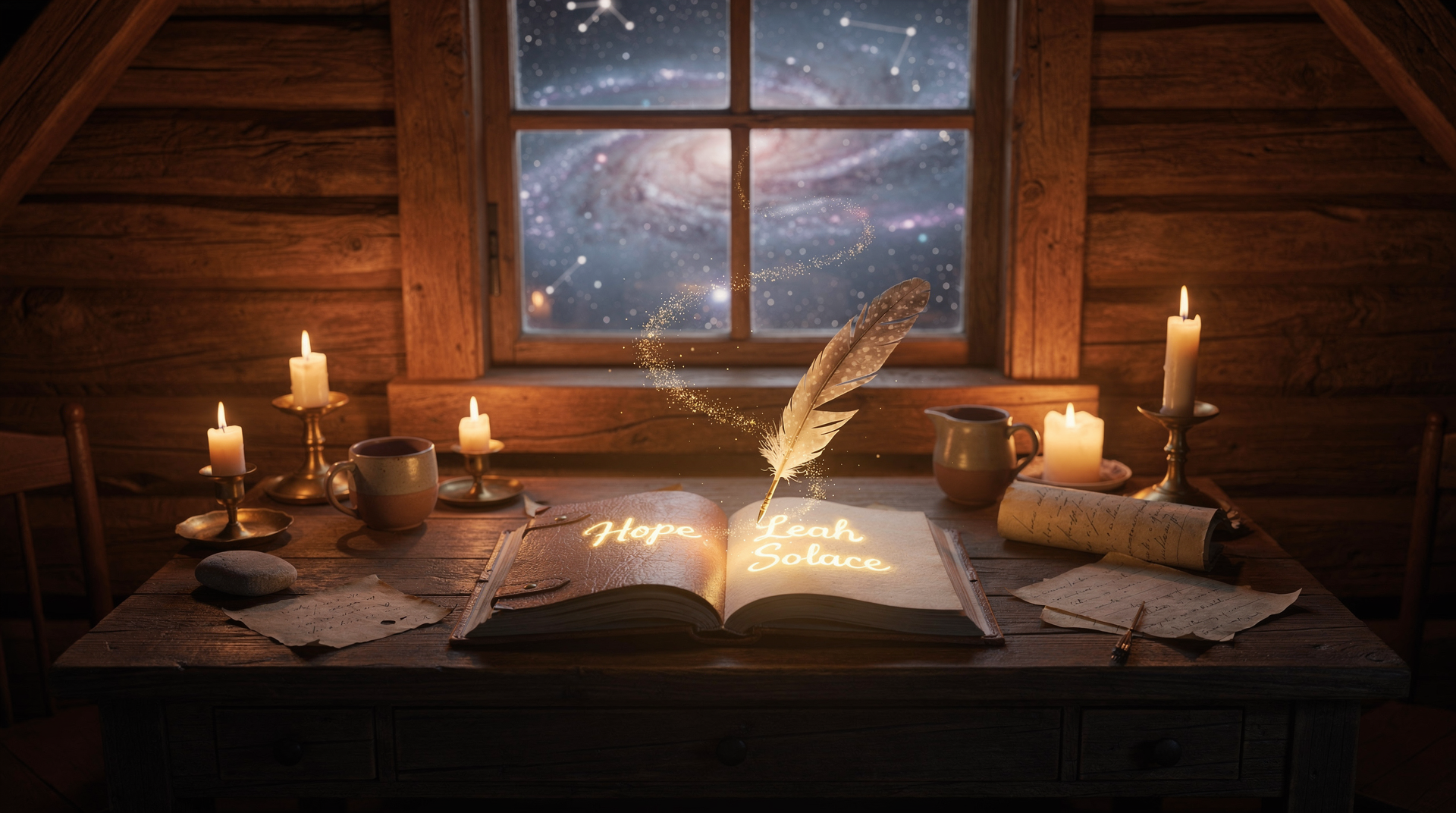 A candlelit writing desk in a wooden cabin, an open journal glowing with words, a quill pen, stars visible through the window